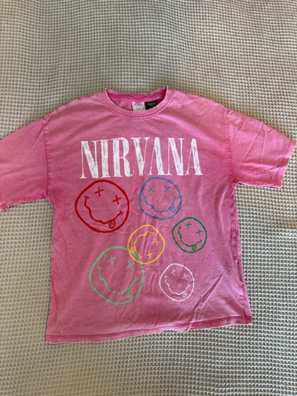 Zara Pink Nirvana Graphic Oversized Tee with Multicolor Smile Icons